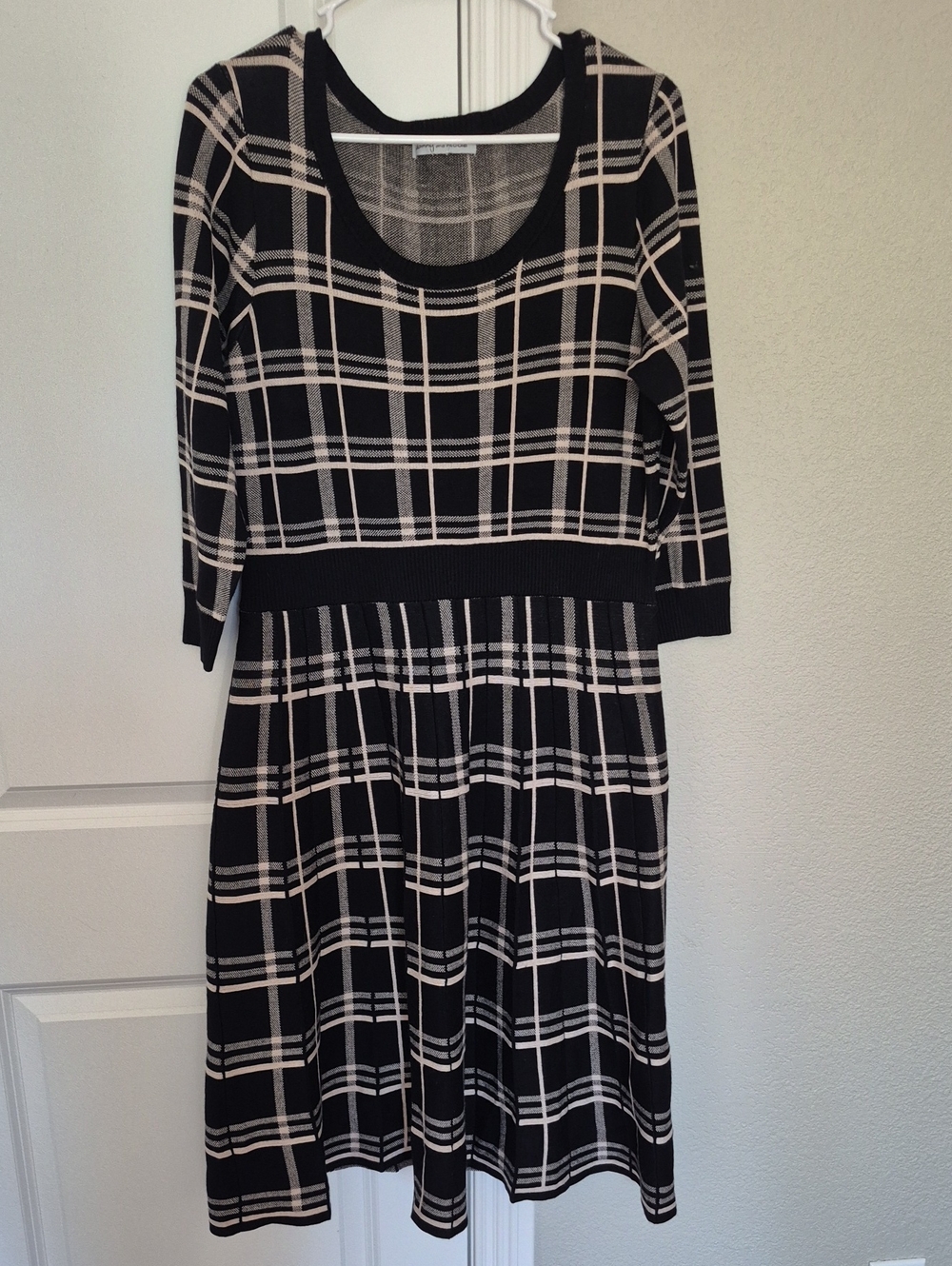 Danny & Nicole Black and Cream Plaid Long-Sleeve Fit-and-Flare Dress